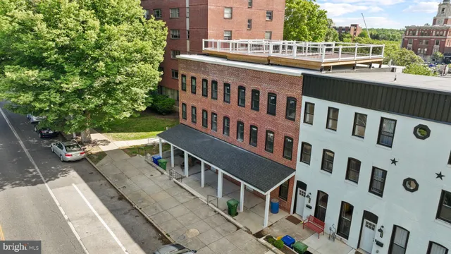 a view of a building from a balcony