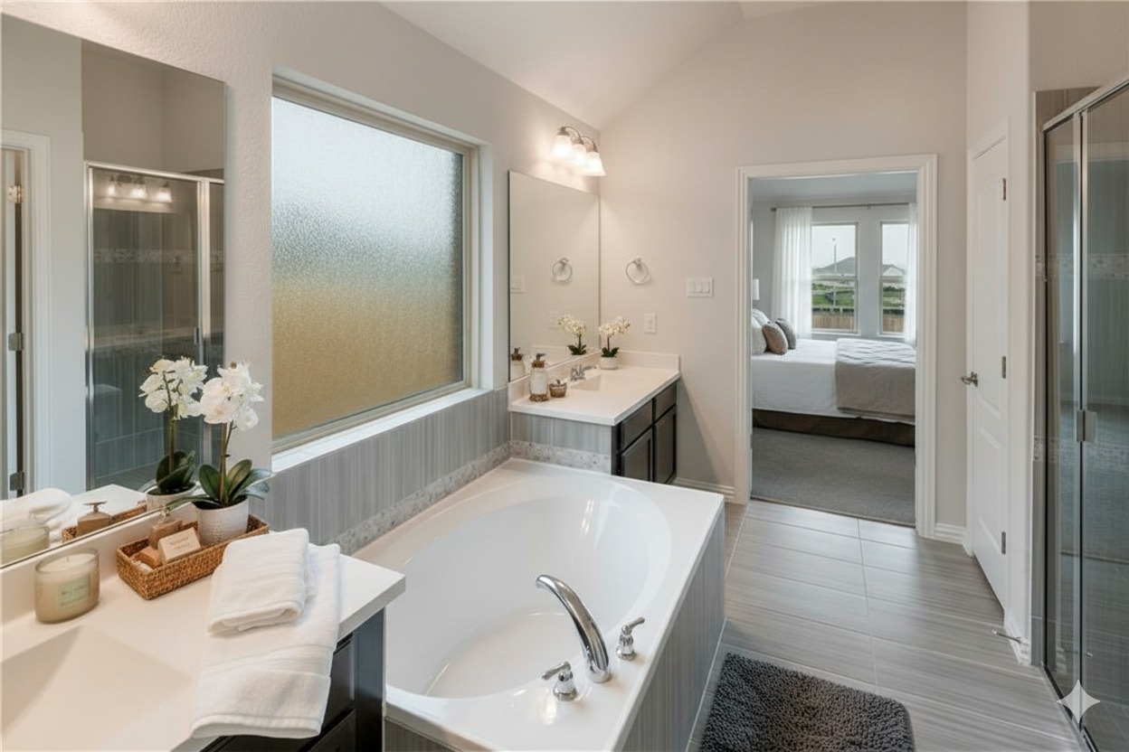 6752 Catania Loop Round Rock, TX 78665 - Photo 16 of 25 Bathroom featuring a stall shower, a bath, vanity, lofted ceiling, and ensuite bath