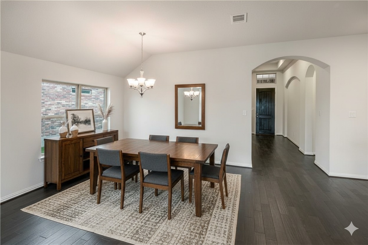 6752 Catania Loop Round Rock, TX 78665 - Photo 7 of 25 Dining area featuring arched walkways, lofted ceiling, dark wood finished floors, and suspended lighting