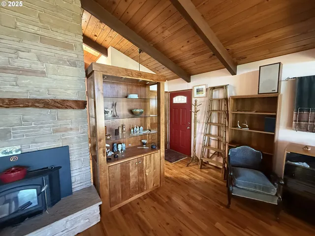 a living room with couch wooden floor and a fireplace