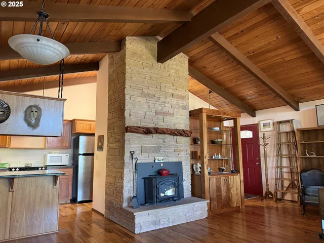 a living room with stainless steel appliances kitchen island granite countertop furniture and a fireplace