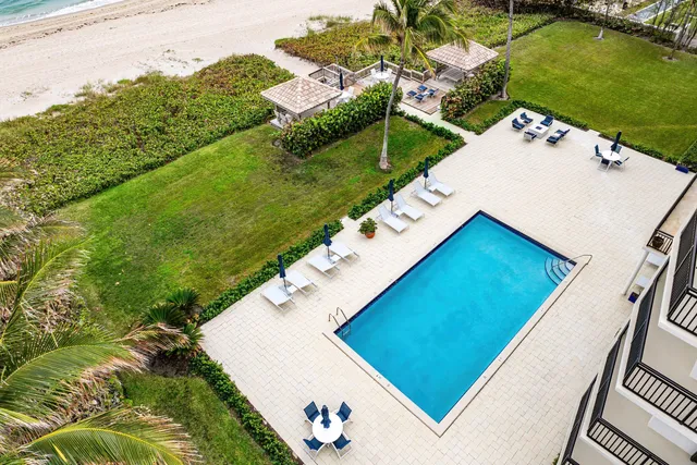 an aerial view of a pool