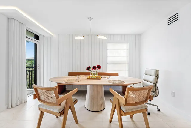 a view of a dining room with furniture window and outside view