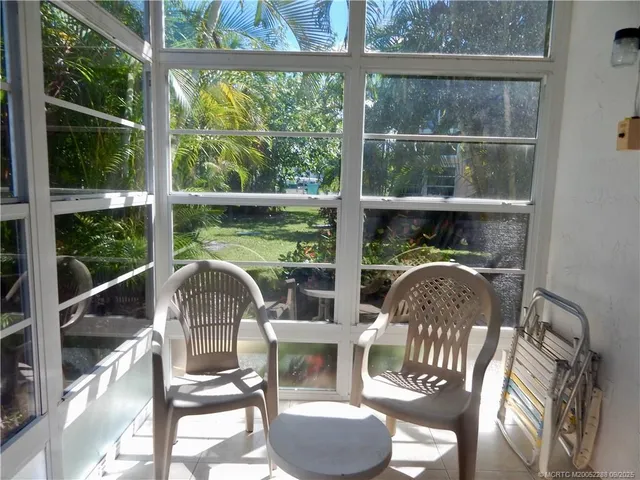 a patio view with a garden
