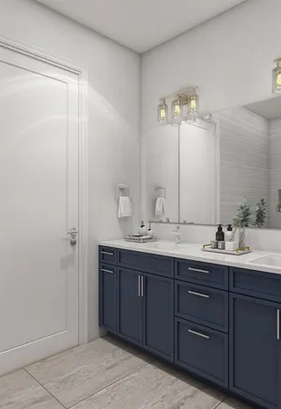 a bathroom with a double vanity sink and mirror