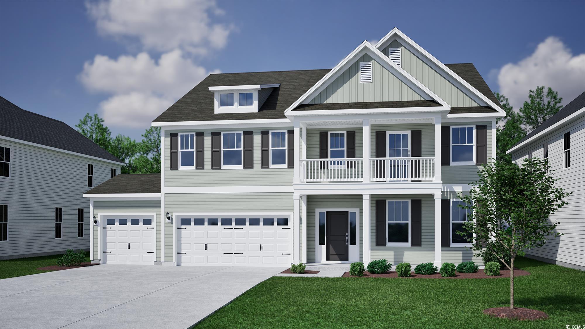 View of front facade featuring covered porch, roof with shingles, driveway, and a front lawn