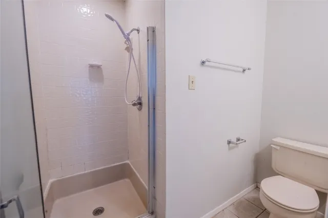 a bathroom with a shower and a toilet