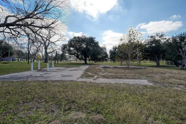 a view of dirt field with trees