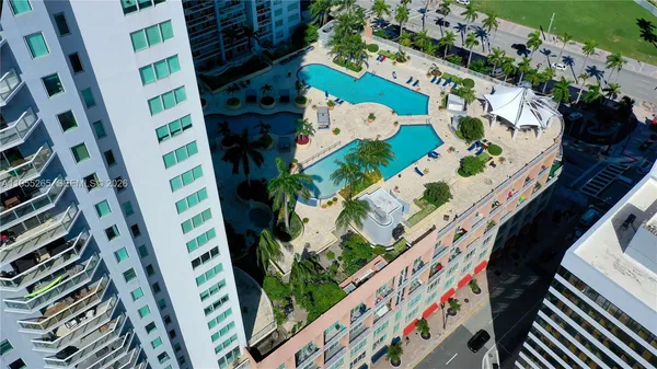 an aerial view of balcony and yard