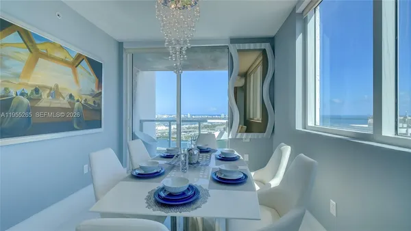 a view of a dining room with furniture window and outside view