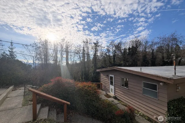 a backyard of a house with large trees and wooden fence