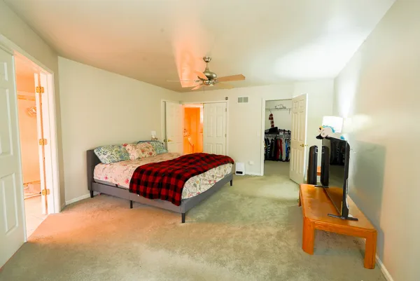a spacious bedroom with a bed and dresser