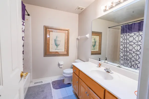 a bathroom with a sink a toilet and shower curtain