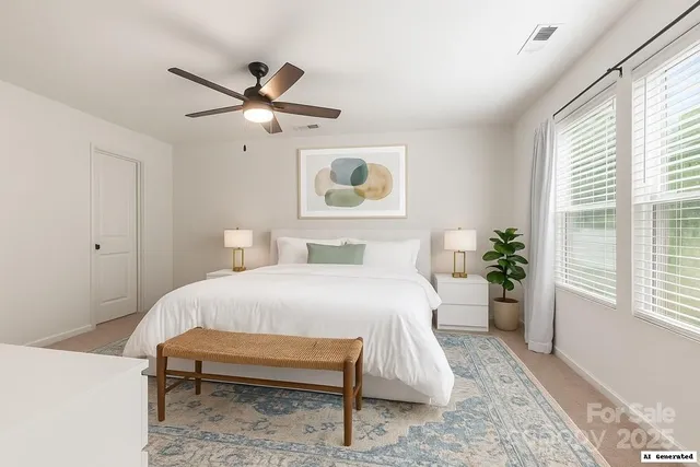 a bedroom with a bed lamps and a large mirror with wooden floor