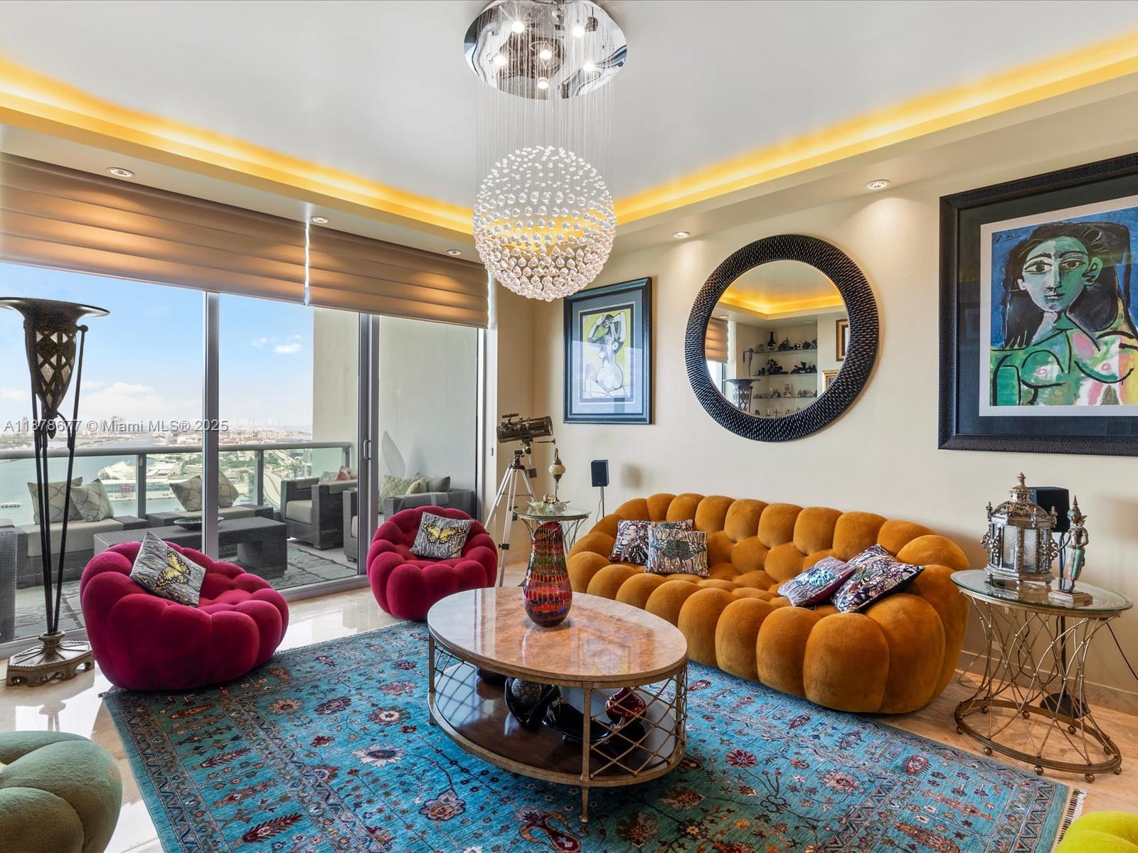 900 Biscayne Boulevard, Unit 3709 Miami, FL 33132 - Photo 8 of 57 a living room with furniture a chandelier and a large window