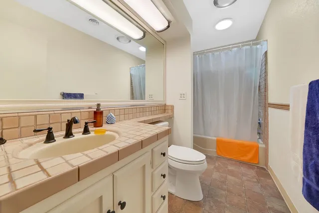 an aerial view of a house with plants and large trees