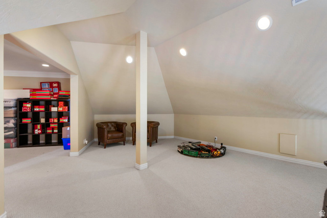 684 North Summit Way Alpine, UT 84004 - Photo 39 of 58 Game room featuring light colored carpet, recessed lighting, and vaulted ceiling