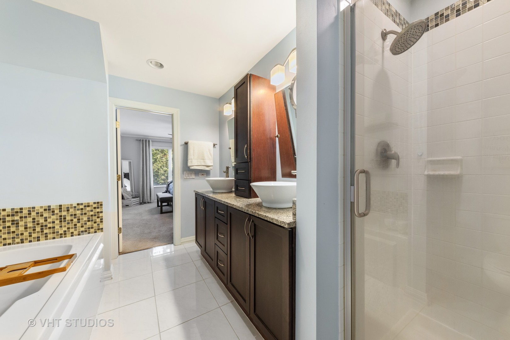 471 River Bend Road, Unit 103 Naperville, IL 60540 - Photo 13 of 29 a bathroom with a double vanity sink mirror and shower