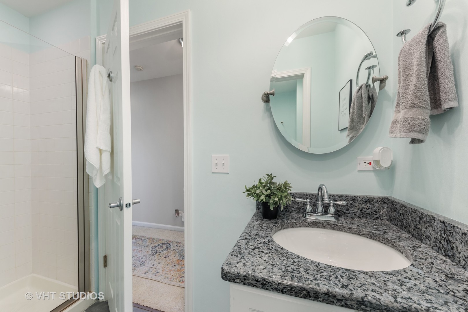 471 River Bend Road, Unit 103 Naperville, IL 60540 - Photo 18 of 29 a bathroom with a granite countertop sink and a mirror
