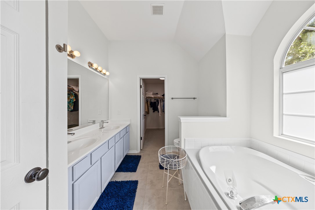 1710 Greening Way Leander, TX 78641 - Photo 34 of 47 a bathroom with a tub double vanity sink and a large mirror