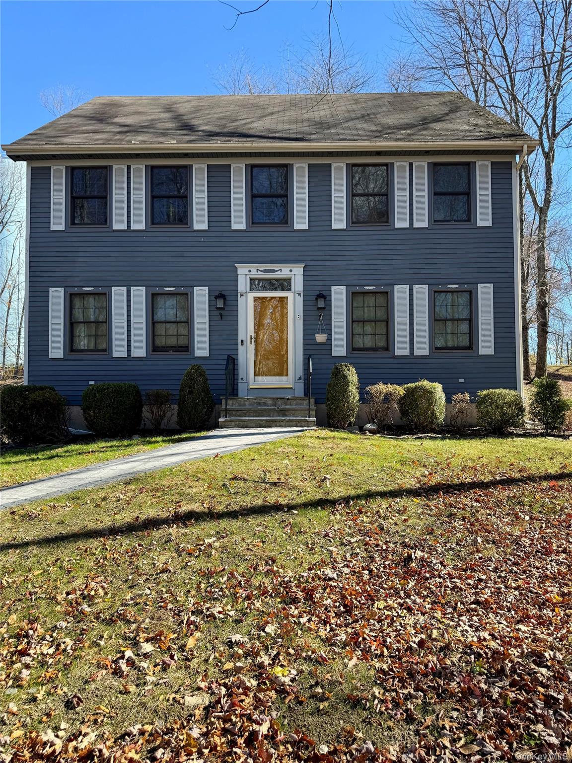The property features a two-story exterior with blue siding and white window shutters, complemented by a front lawn and paved walkway leading to the entrance