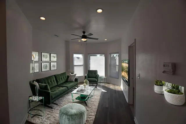 a living room with furniture and a potted plant