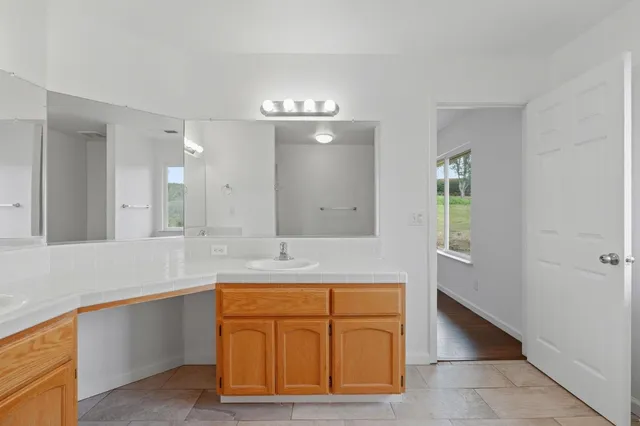 a bathroom with a sink a vanity and mirror