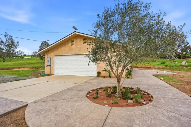 a view of a house with backyard and a tree