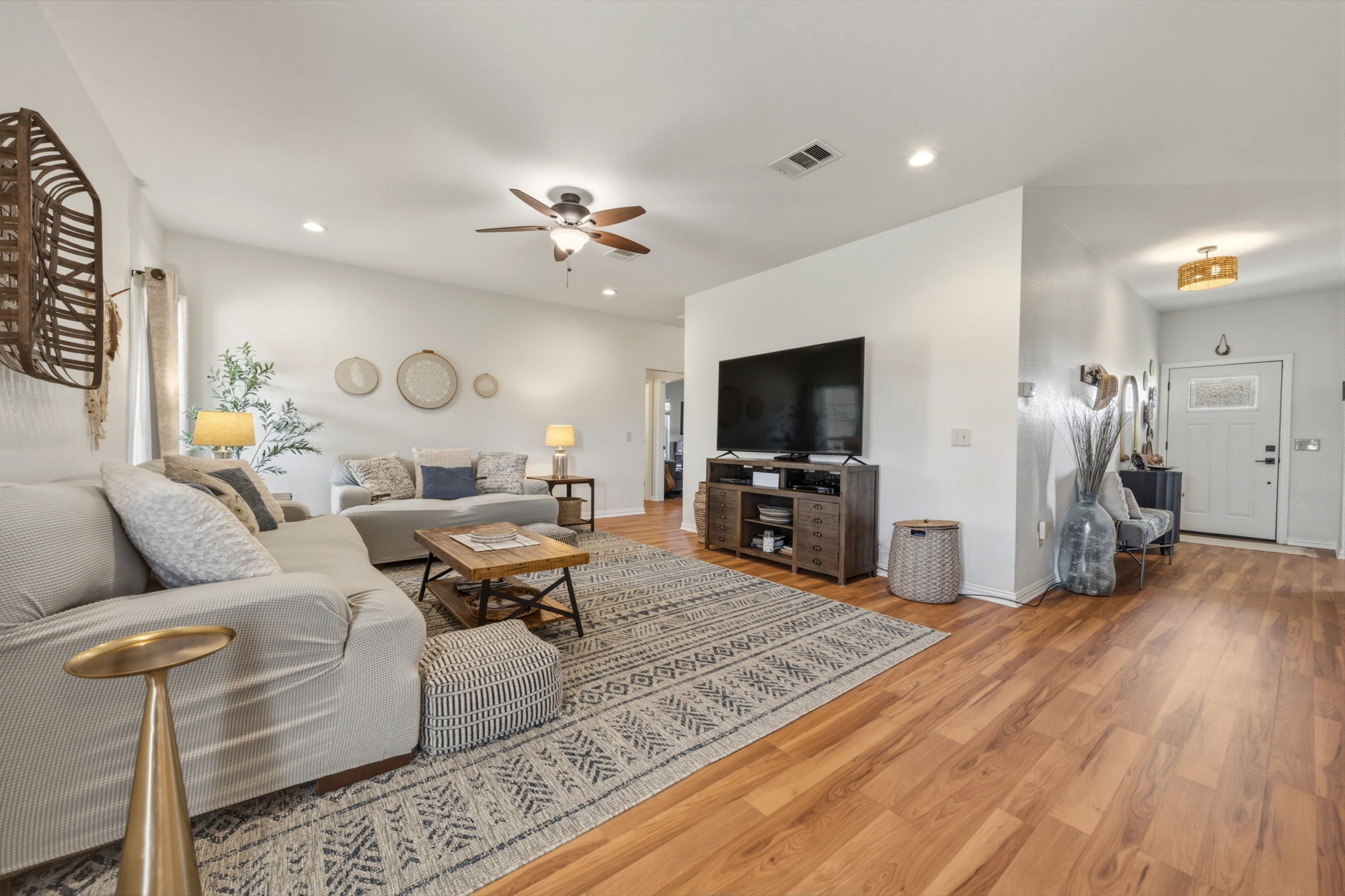 1516 Old Luling Road Lockhart, TX 78644 - Photo 7 of 39 Living area with wood-style flooring, recessed lighting, and a ceiling fan