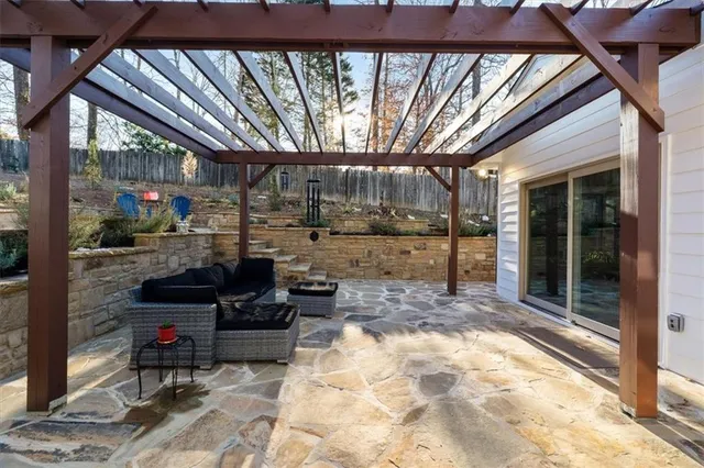 a view of a porch with a patio