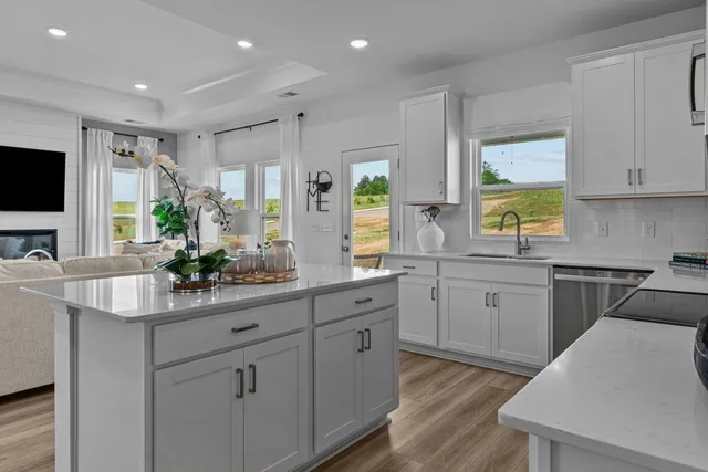 a kitchen with white cabinets and sink
