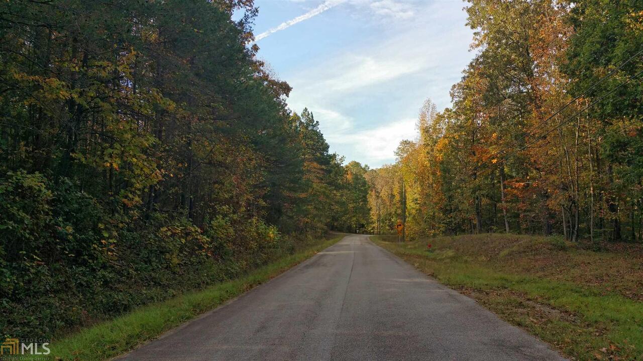 a view of a road with a trees in the background
