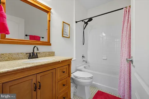 a bathroom with a granite countertop sink a toilet and shower