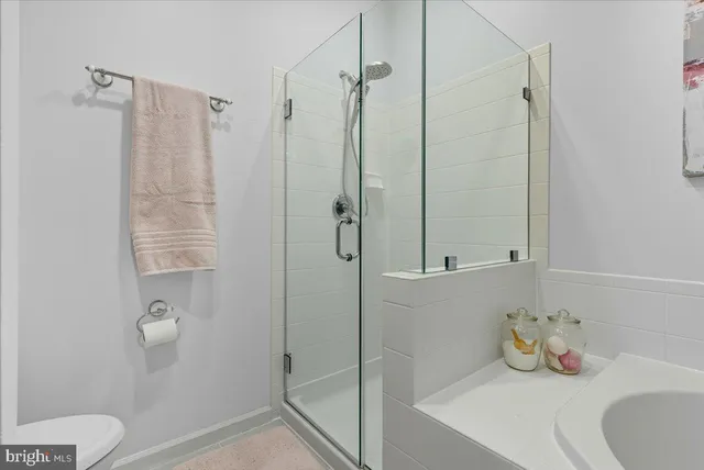 a bathroom with a shower and toilet