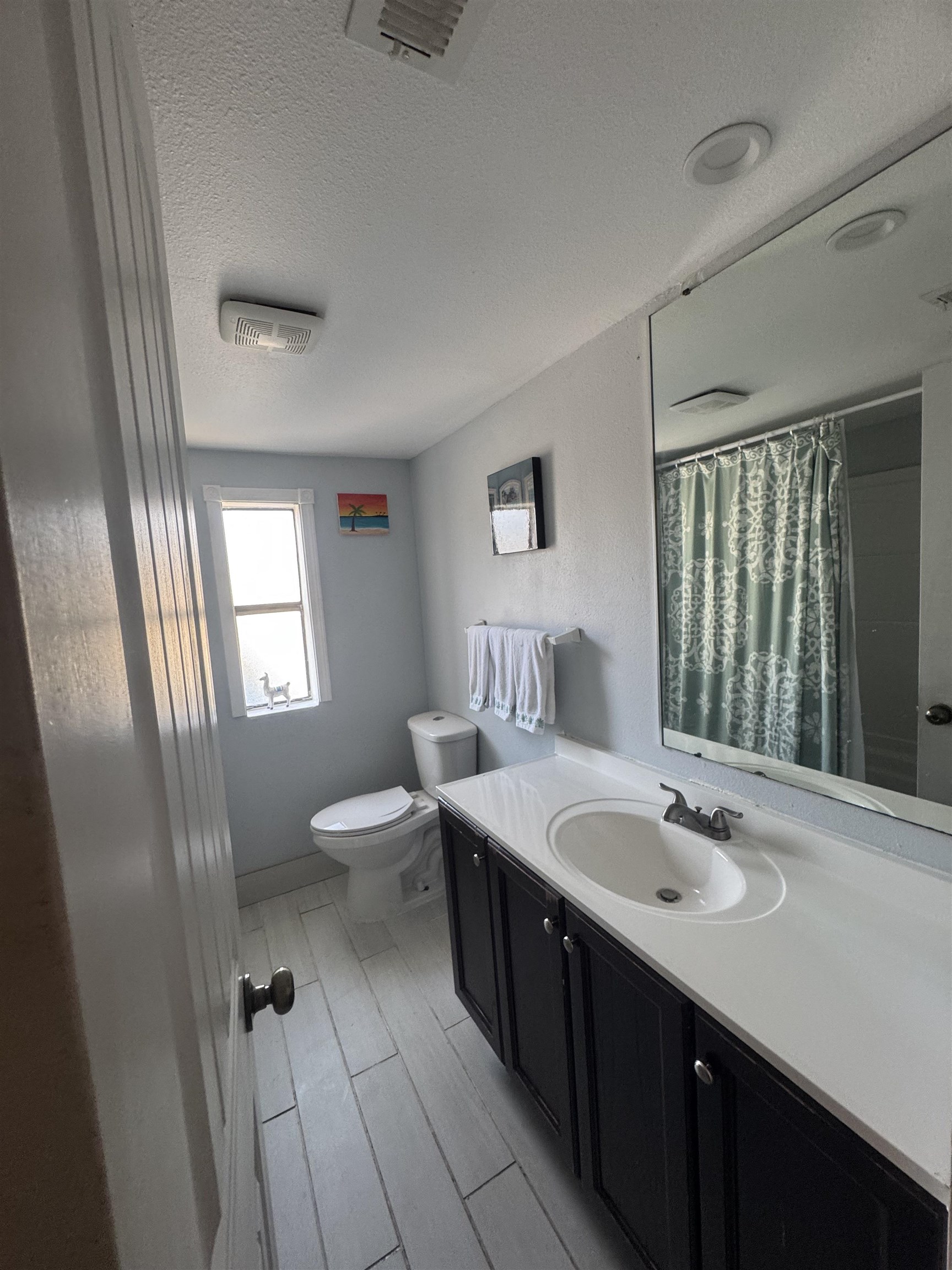 2427 Huntington Circle Conway, SC 29526 - Photo 5 of 19 Full bath with vanity, curtained shower, a textured ceiling, and wood finish floors