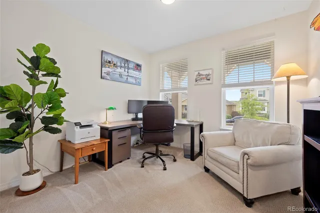 a living room with furniture flowers and a potted plant