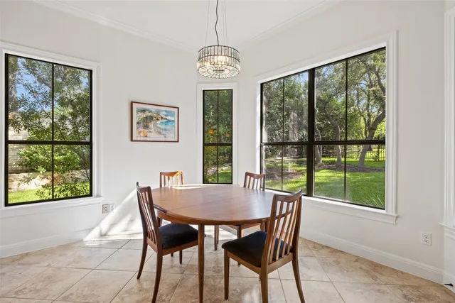 a view of a dining room with furniture window and outside view