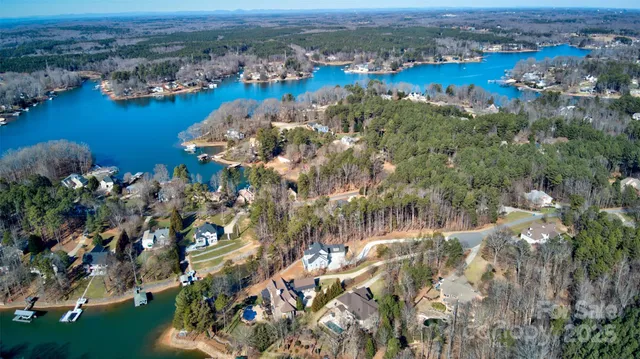 an aerial view of residential houses with outdoor space and lake view