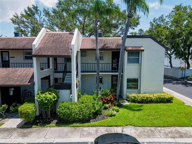 a view of a house with potted plants and a large tree