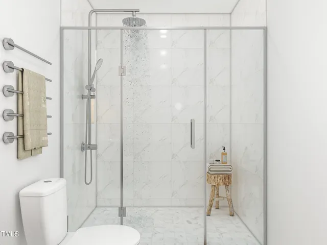 a bathroom with a shower and toilet