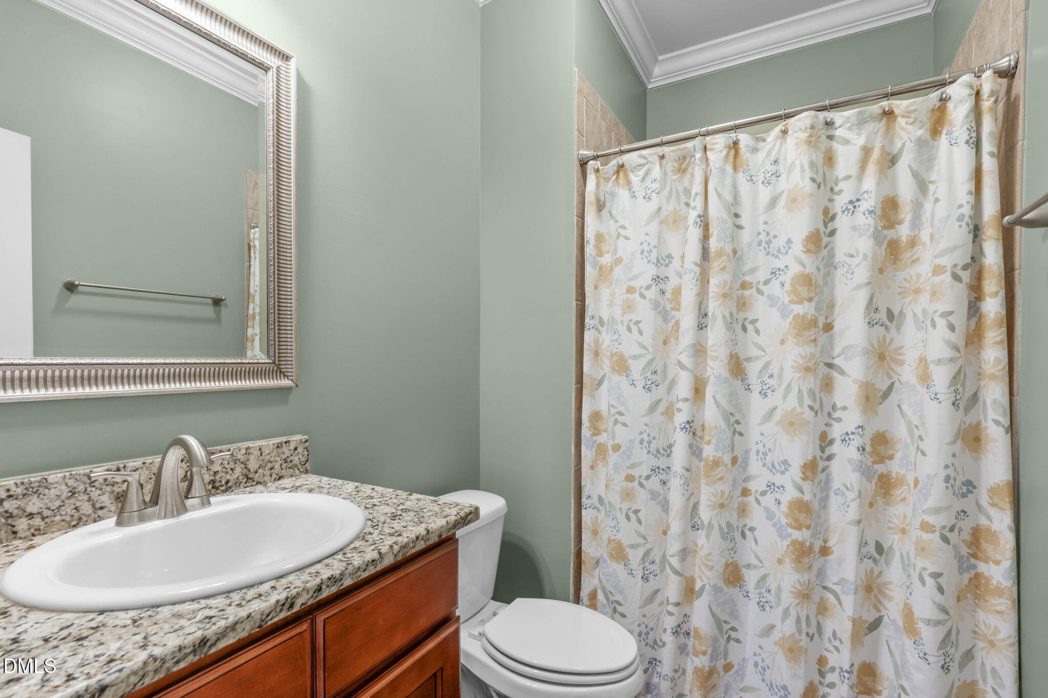 2844 Bogle Branch Court Raleigh, NC 27606 - Photo 20 of 54 a bathroom with a granite countertop sink a toilet and a mirror