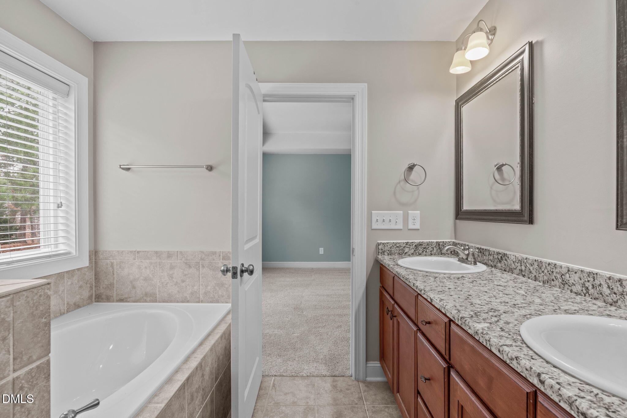 2844 Bogle Branch Court Raleigh, NC 27606 - Photo 29 of 54 a bathroom with a granite countertop tub sink and mirror