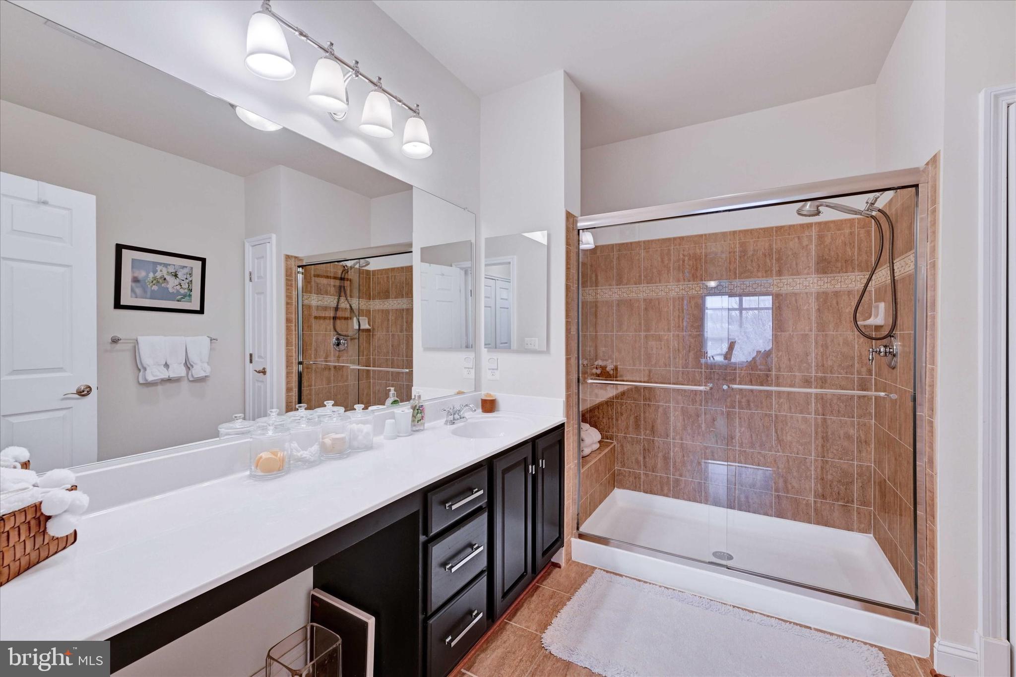 3000 Stone Cliff Drive, Unit 205 Baltimore, MD 21209 - Photo 22 of 28 a bathroom with a sink a toilet a mirror and shower