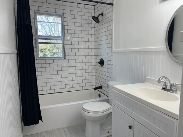 a bathroom with a sink a toilet and shower