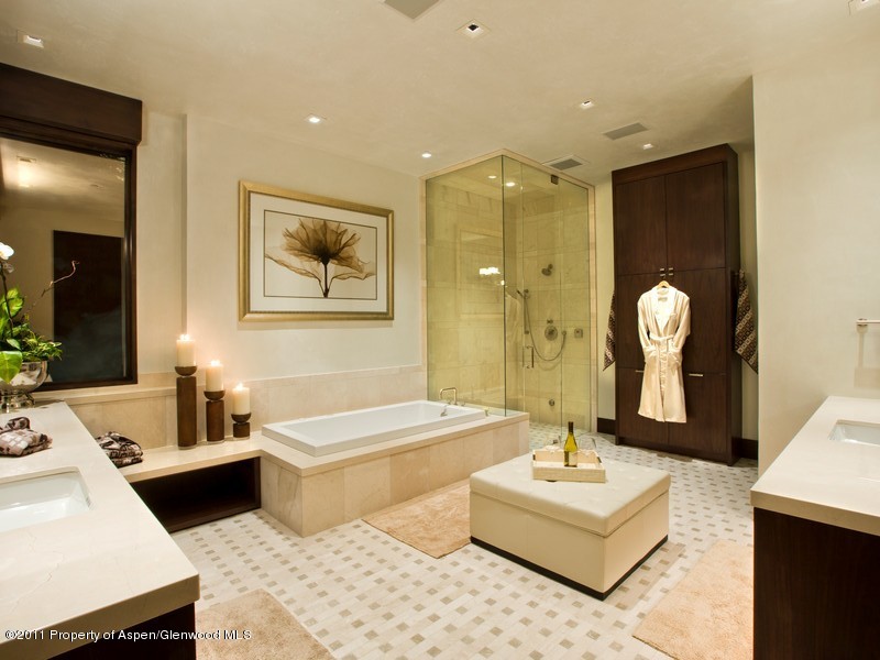 675 Aspen Alps Road South Aspen, CO 81611 - Photo 36 of 37 a bathroom with a double vanity sink tub and mirror