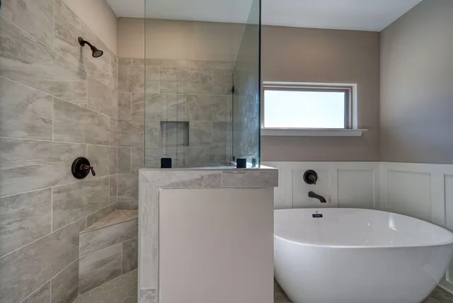a bathroom with a bathtub