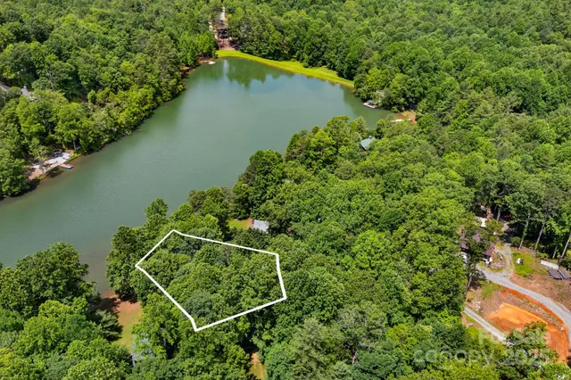 an aerial view of a house with a yard and large trees all around