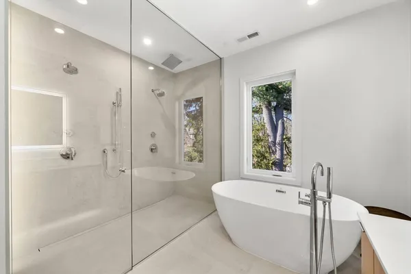 a bathroom with a bathtub and a shower