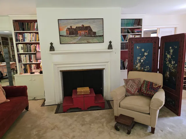 a living room with furniture a bookshelf and a fireplace