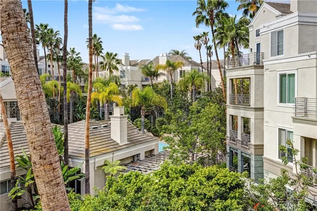 a view of a swimming pool with a lawn chairs under palm trees